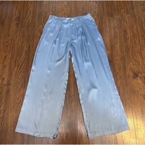 Rachel Zoe Wide Leg Pants 100% Silk Pleated High Rise WMN 10 Blue Luxury Trouser